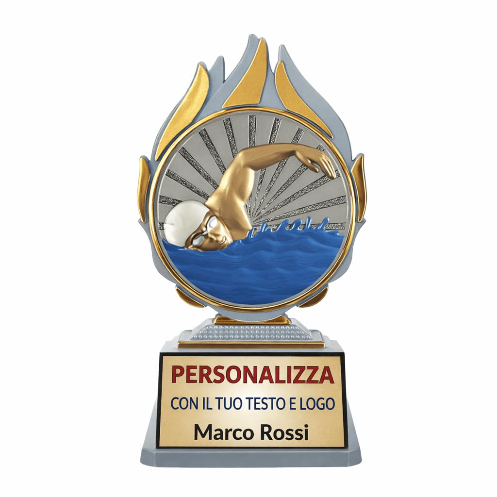D&Vlab Trofeo Nuoto 14 cm Argento con Targhetta Personalizzabile – Coppa Nuotatore Economica per Gare, Piscine ed Eventi Sportivi