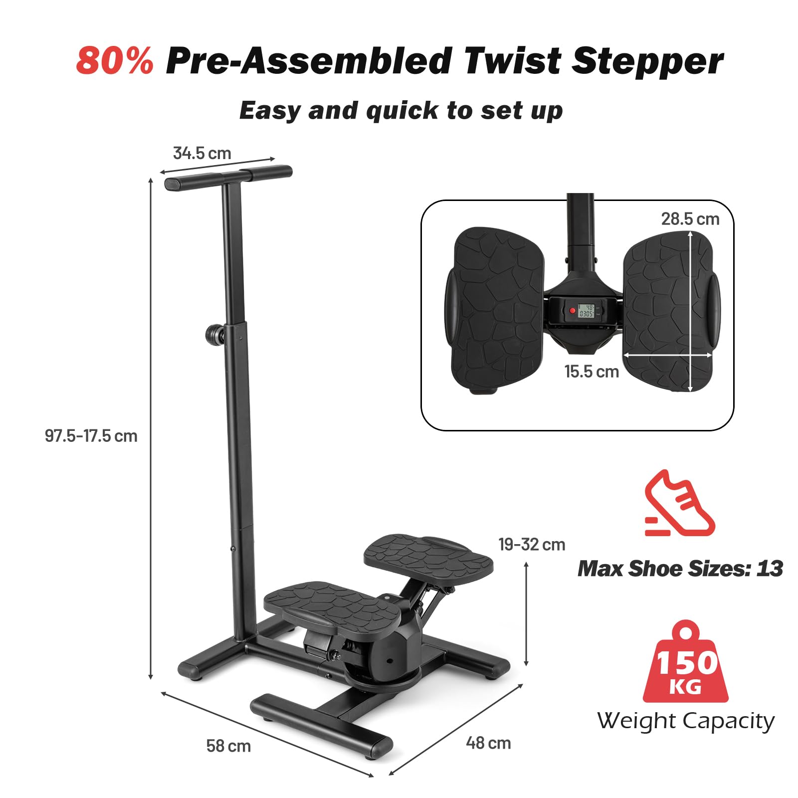 KOMFOTTEU Step Fitness CASA avec Guidon réglable en Hauteur, Entraîneur pour l'Entraînement Physique et Exercice, Pédales antidérapantes, Écran LCD, Appareil de Fitness pour Maison & Bureau, Noir