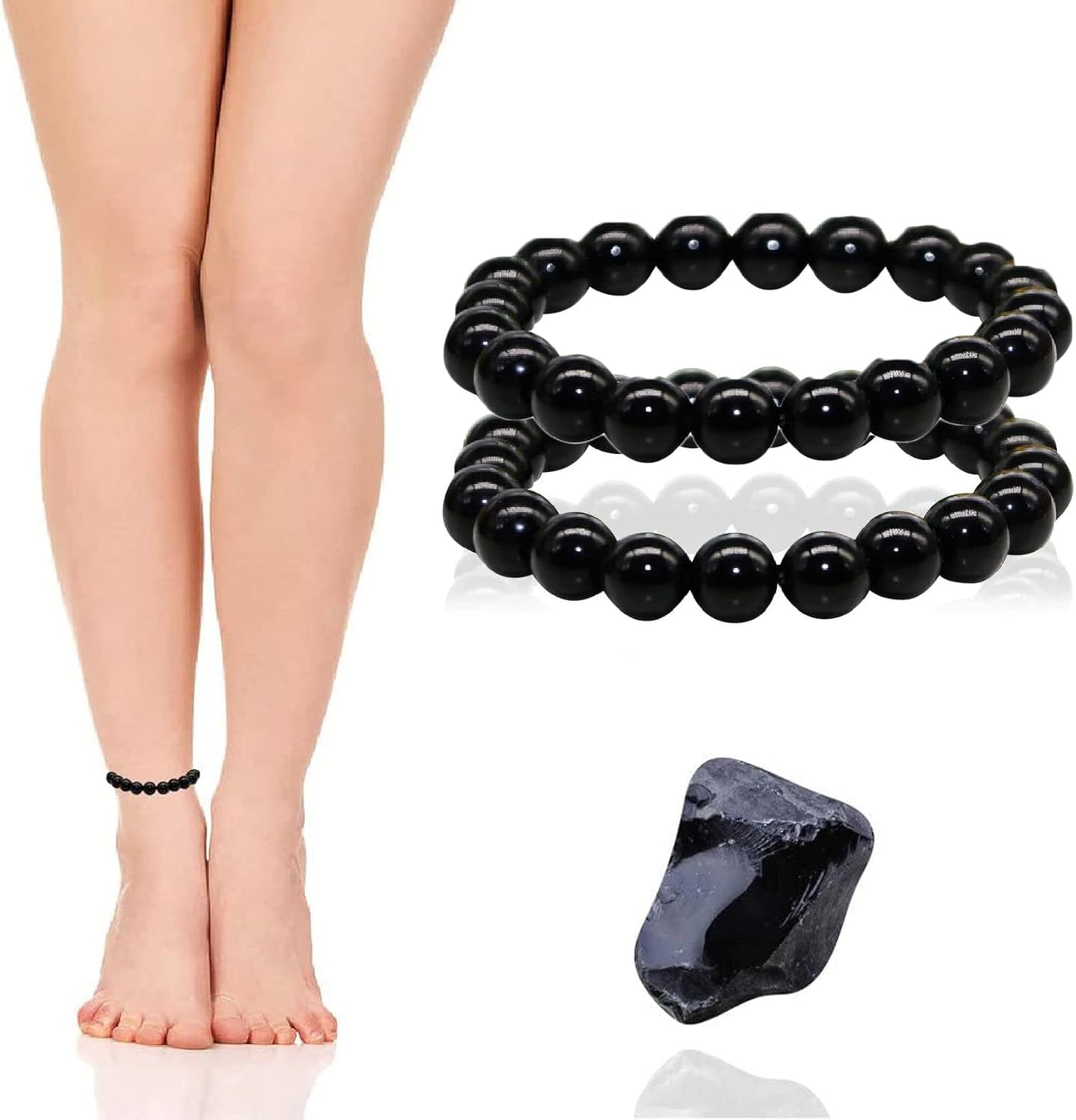 NRAPOOB Magnetic Lymph Detox Black Obsidian Anklet Bracelet for Anti Swelling Slimming Anklet Adjustable Lymphatic Drainage for Ease Fear,Release Anxiety (2) : Health & Household