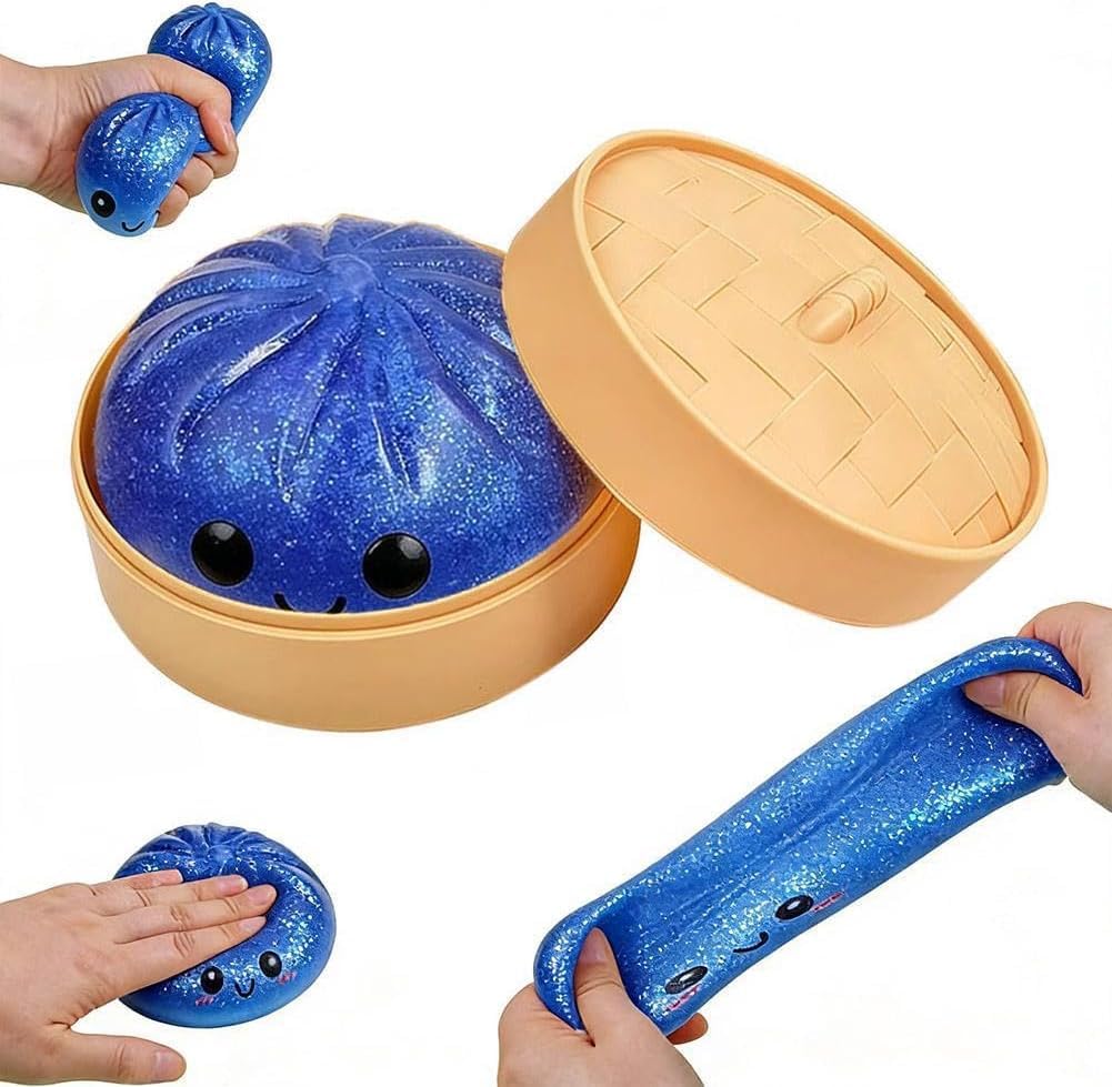 Giant Dumpling Squishy, Jumbo Dumpling Squishy Toy With Steamer Box,Squishy Soft Squeeze Decompression Buns,Anxiety Relief Toy,Elastic Toys for Adults and Kid (Transparent blue)