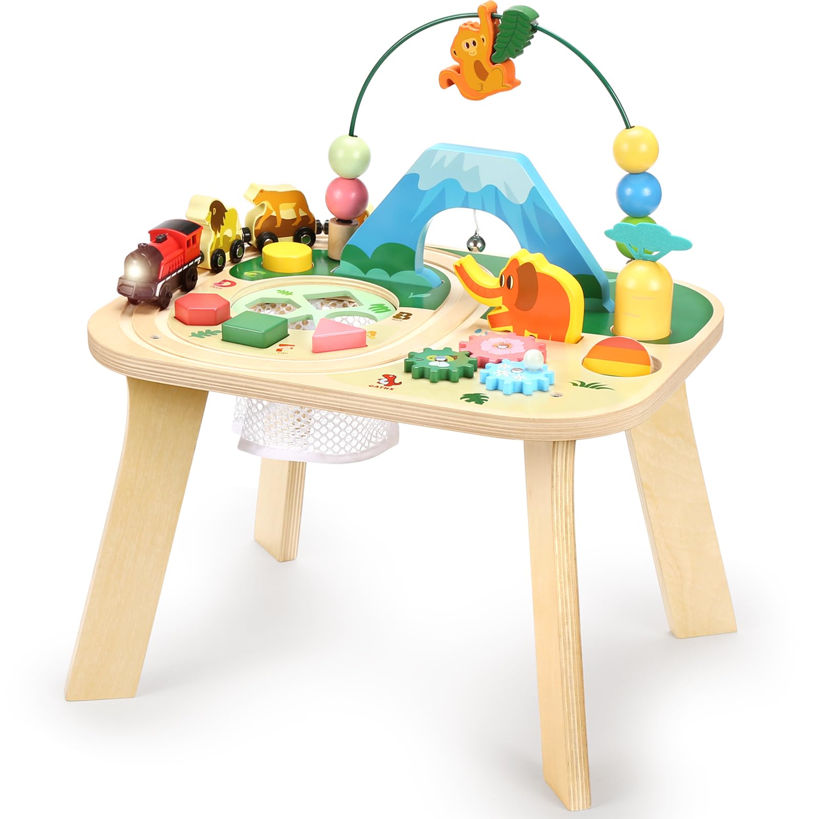 oathx 9 in 1Wooden Baby Activity Table for 1+ Year Old, Toddler Play Table with Magnetic Animals Train for Kids Busy Board, 1st Birthday Gifts for Girls Boys Montessori Toys Shape Sorter