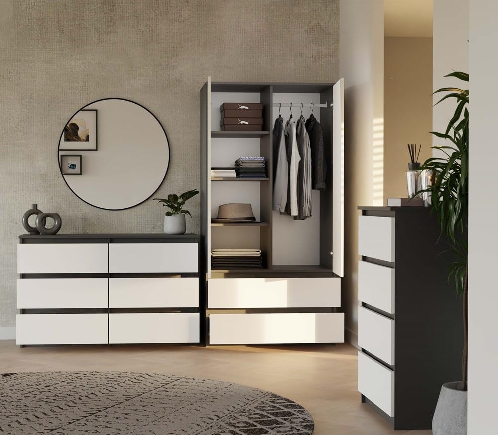 CDF Commode anthracite blanche avec 6 tiroirs, profondeur 30 cm, commode, pour salon, chambre à coucher, grand espace de rangement, convient pour organiser les vêtements, 120 cm de large, moderne