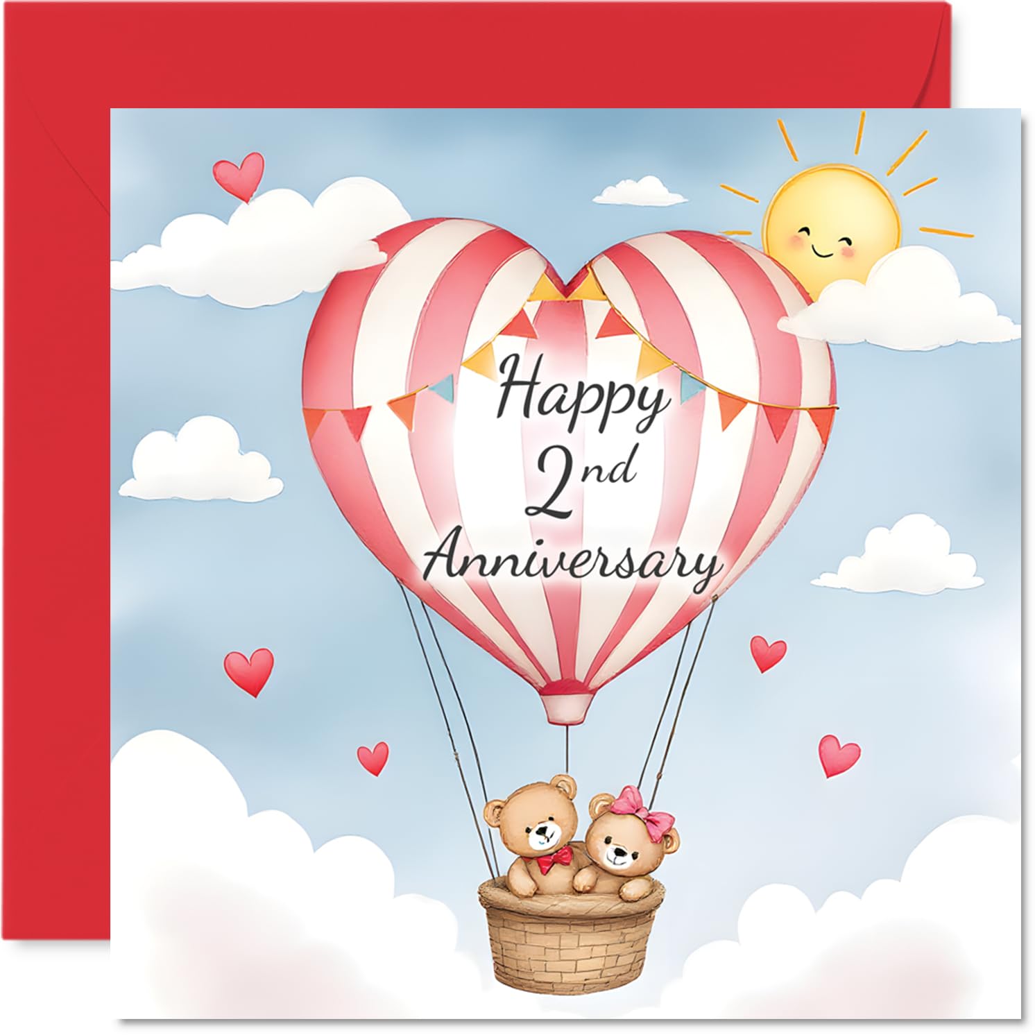 2nd Anniversary Card for Women and Men, Love Bear Hot Air Balloon