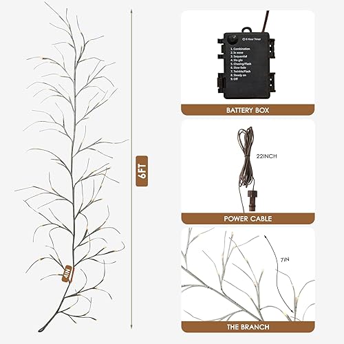 Miniatura 9 de Vid de abedul con luces con temporizador de 6 pies, 72 LED, árbol artificial para paredes, ramita de abedul para decoración de habitación, chimenea,