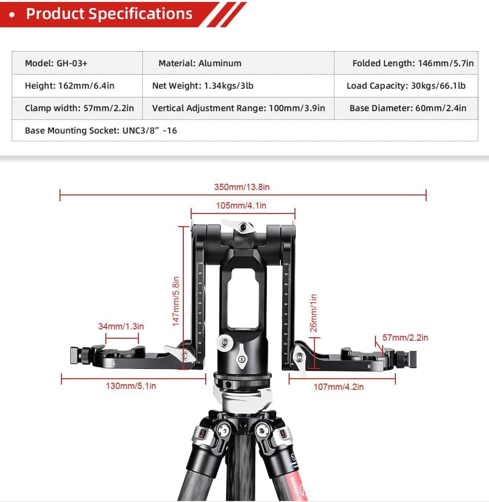 Detailed Specifications for the SUNWAYFOTO GH-03+ Stereo Gimbal Head