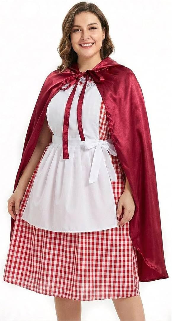 Ladies Red Riding Hood Costume - Red and White Gingham Dress with Attached White Apron, Long Red Cape with Hood - Womens Fairytale World Book Day Fancy Dress Costume
