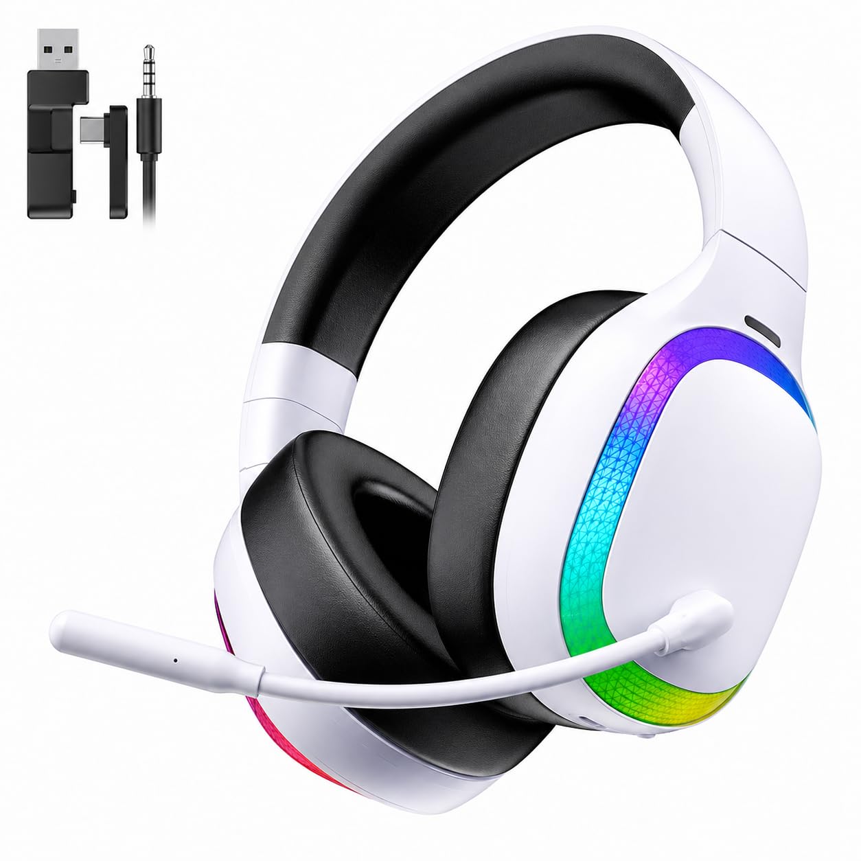 ゲーミングヘッドセット ワイヤレス ゲーミングヘッドホン PS5 ヘッドセット ｜Bluetooth 5.3 / 2.4GHz USB/Type-C/有線接続｜7.1chサラウンド・超低遅延＜20ms｜ノイズキャンセリングマイク・50mmドライバー｜RGB ライト・最大70時間バッテリー｜ PS5/PS4/PC/Switch対応（ホワイトRGB）