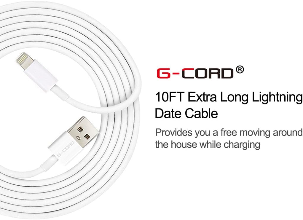 G-Cord 2 Pack 10 Feet Extra Long Lightning to USB Cable Sync Data Charger for iPhone and iPad