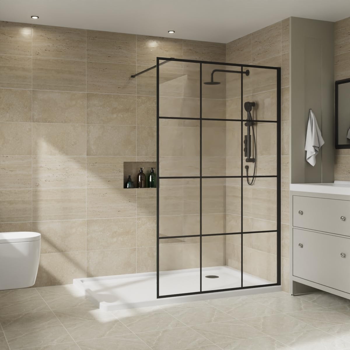 NRG 1200 x 1950mm Bathroom Wet Room Screen Panel 8mm Black Grid Easy Clean Glass Black Framed Walk in Shower Enclosure