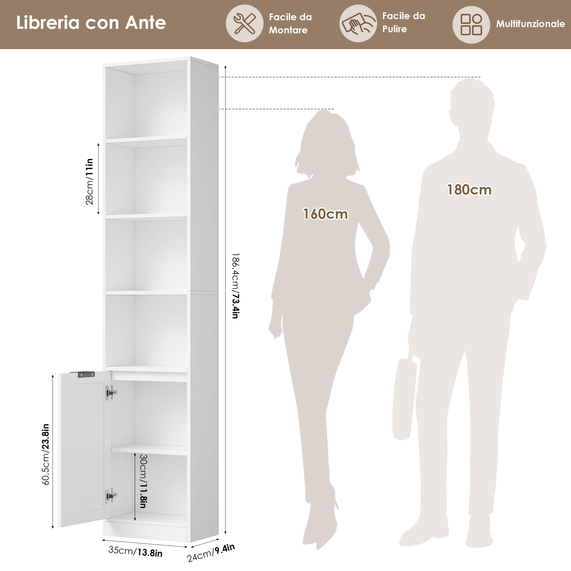 FirFurd 186,4cm Libreria Verticale, Libreria Salvaspazio a 6 Ripiani Bianco | Vetrina Espositiva a 4 Scomparti Aperti,Librerie Stretta,per Appartamenti Piccoli,Soggiorno,Studio e Ufficio,35x24x186,4 cm