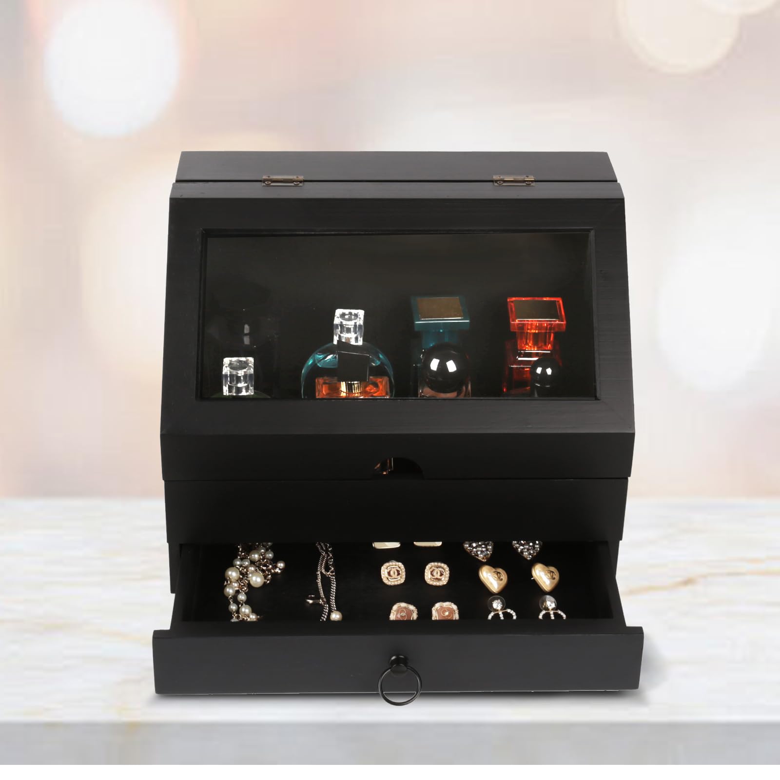 Organizador de Perfumes de Madera con Cajón | Organizador de Perfumes con Tapa Abatible Acrílico Transparente,Almacena Perfumes Joyas Cosméticos para Hombres Mujeres