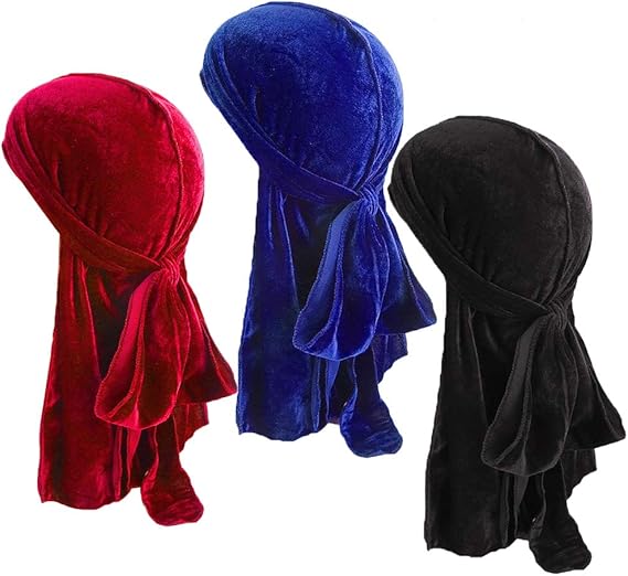 3 Pack Unisex Velvet Durag, Satin Silk Head Wrap Durag, Long Tail Beanies Cap, Stretchable