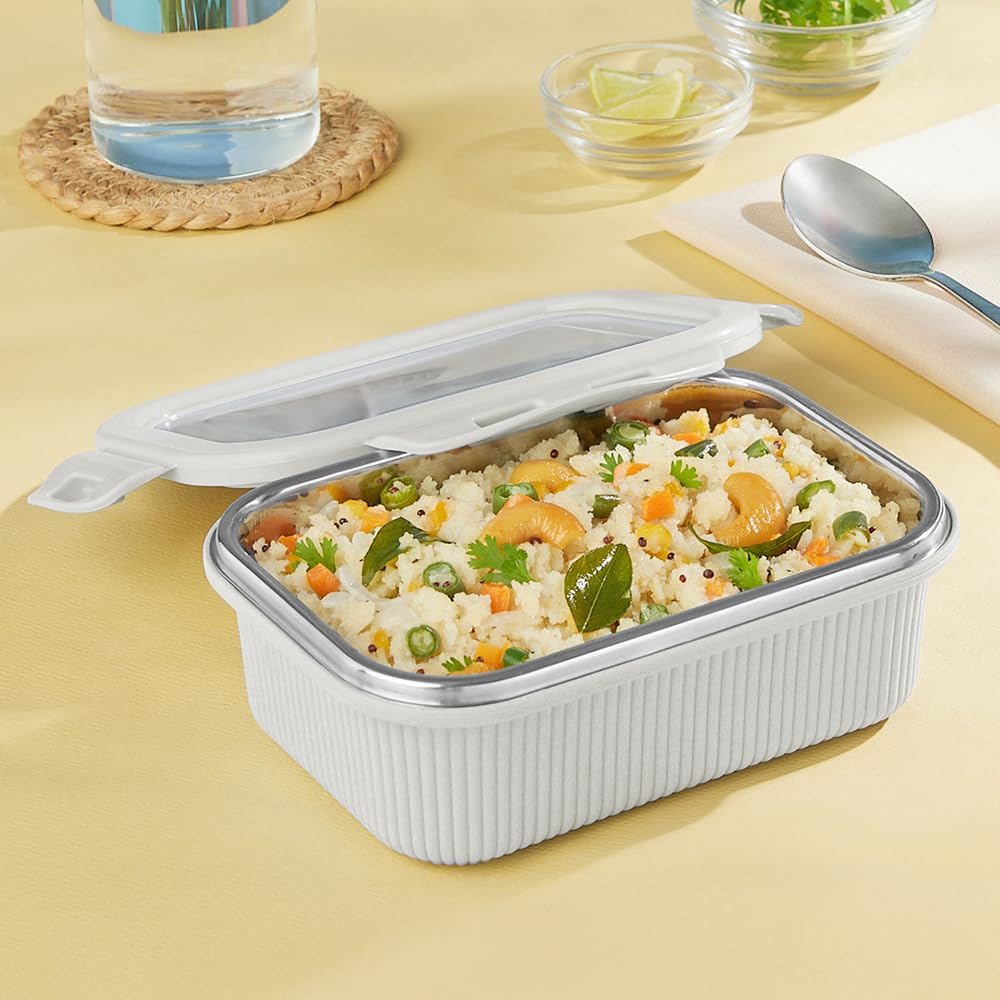 Larah by BOROSIL Freshbyte Food Storage Container with Airtight Stainless Steel Lid | Fridge Container for Lunchbox | Food Grade | Microwave Safe (Grey, 400 ml, Rectangular)