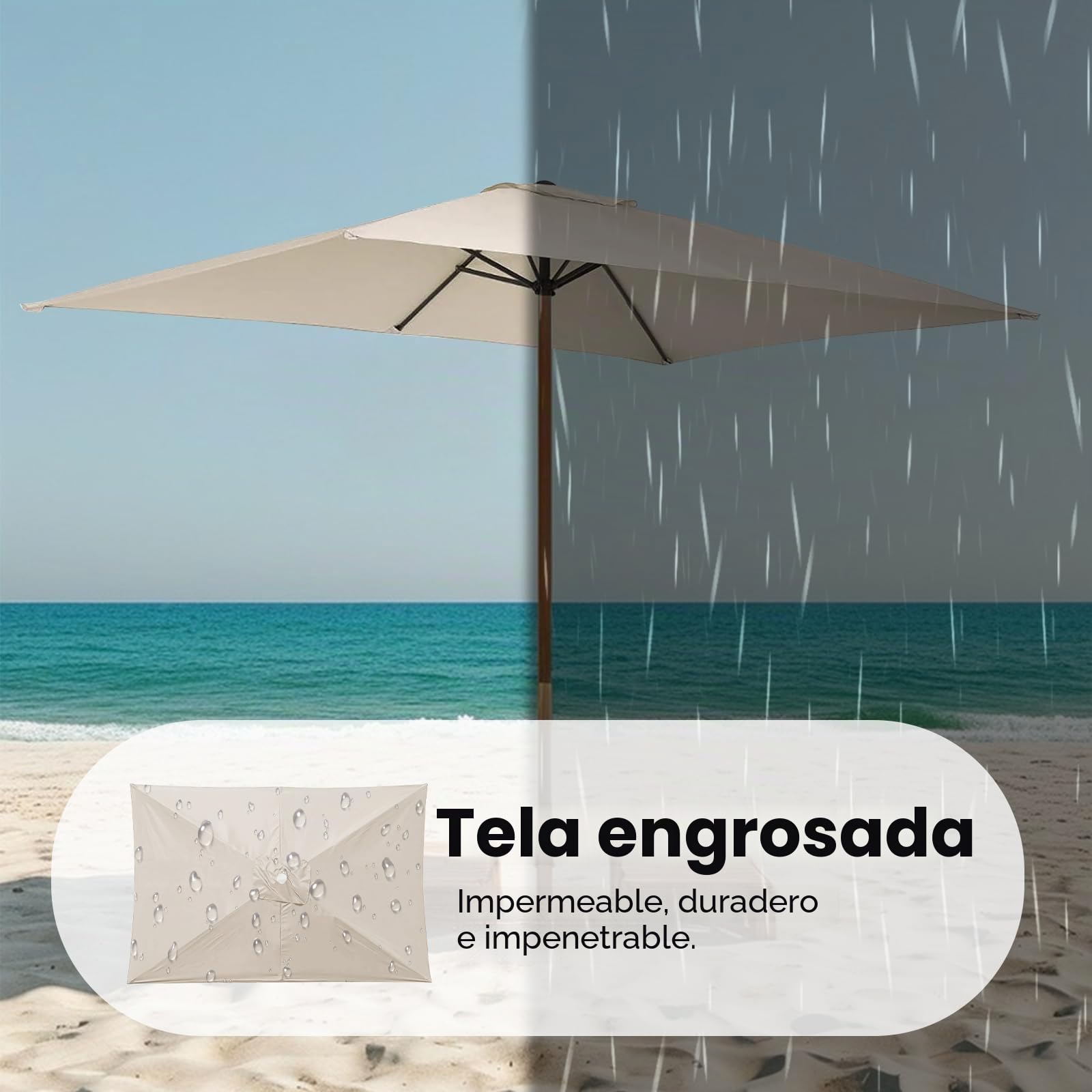 Lona de repuesto rectangular de 6 nervaduras - 197*297cm - Para sombrilla - Sin soporte - Tela de recambio - Anti-ultravioleta, beige