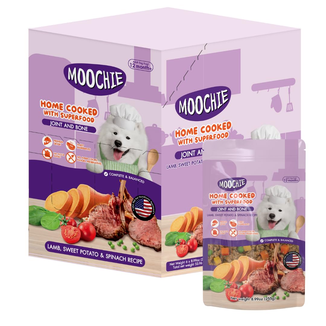 MOOCHIE Home Cooked Superfood Wet Dog Food - Joint & Bone - Lamb, Sweet Potato & Spinach - No Artificial Flavors or Preservative - 6 x 9 oz Pouch