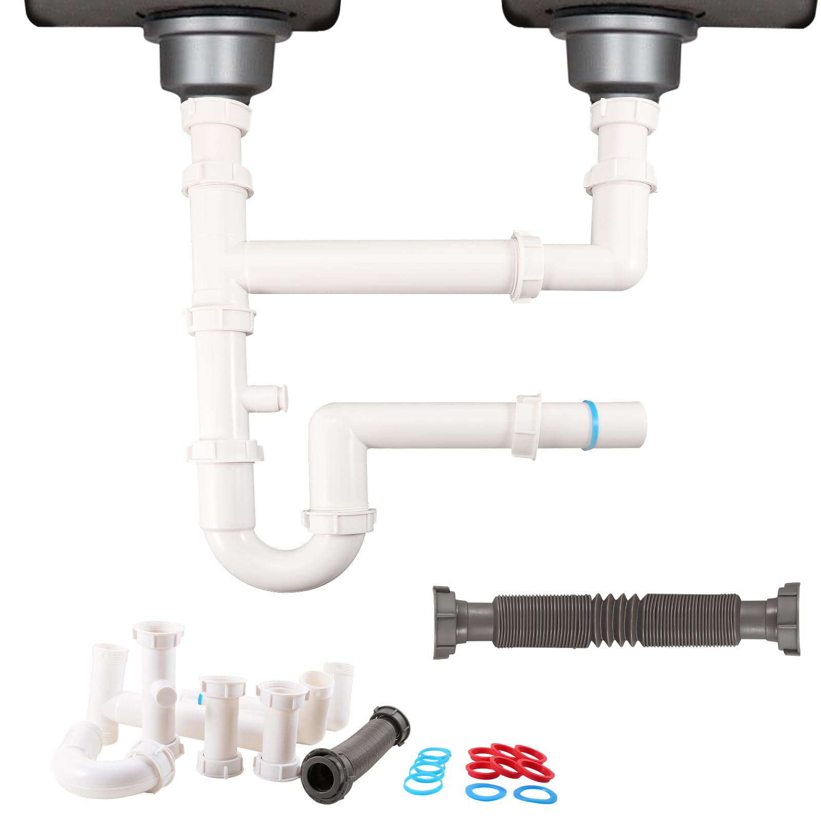 QruiLanTu Universal Kitchen Sink Waste Kit, Space-Saving Kitchen Waste P-Trap with Retractable Flexible Pipe Completed Sink Pipe Replacement Kit (DIY Installation)