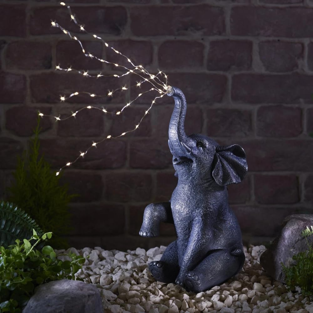 Garden Mile Estatua grande de elefante de jardín con cadena de luces solares – Al aire libre resistente a la intemperie, resina de riego de resina con luces LED solares para patio, balcón, regalo de