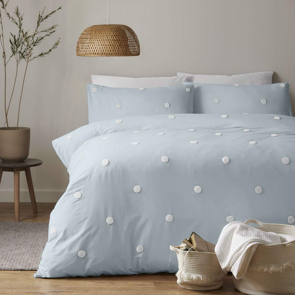 Appletree Duvet Cover Set King – Dot Garden Design – 100% Cotton Bedding – Duck Egg & White – Includes 1 Duvet Cover (230x220cm) & 2 Pillowcases (50x75cm)