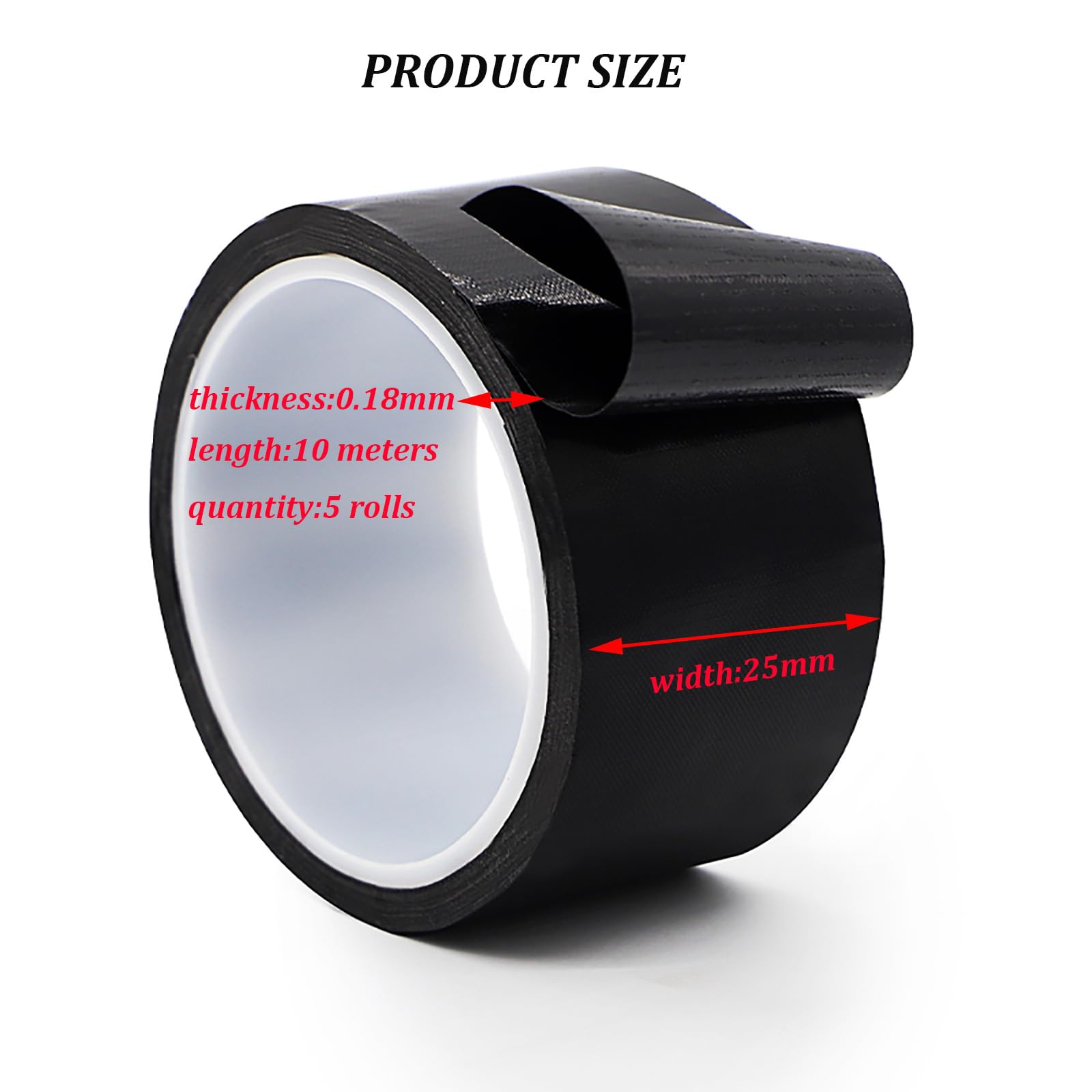 5 Rollen schwarzes PTFE-Teflonband, 0,18 mm dick, 10 Meter lang, Breite 10–100 mm, hitzebeständiges Klebeband zur industriellen Isolierungsversiegelung(25MM)