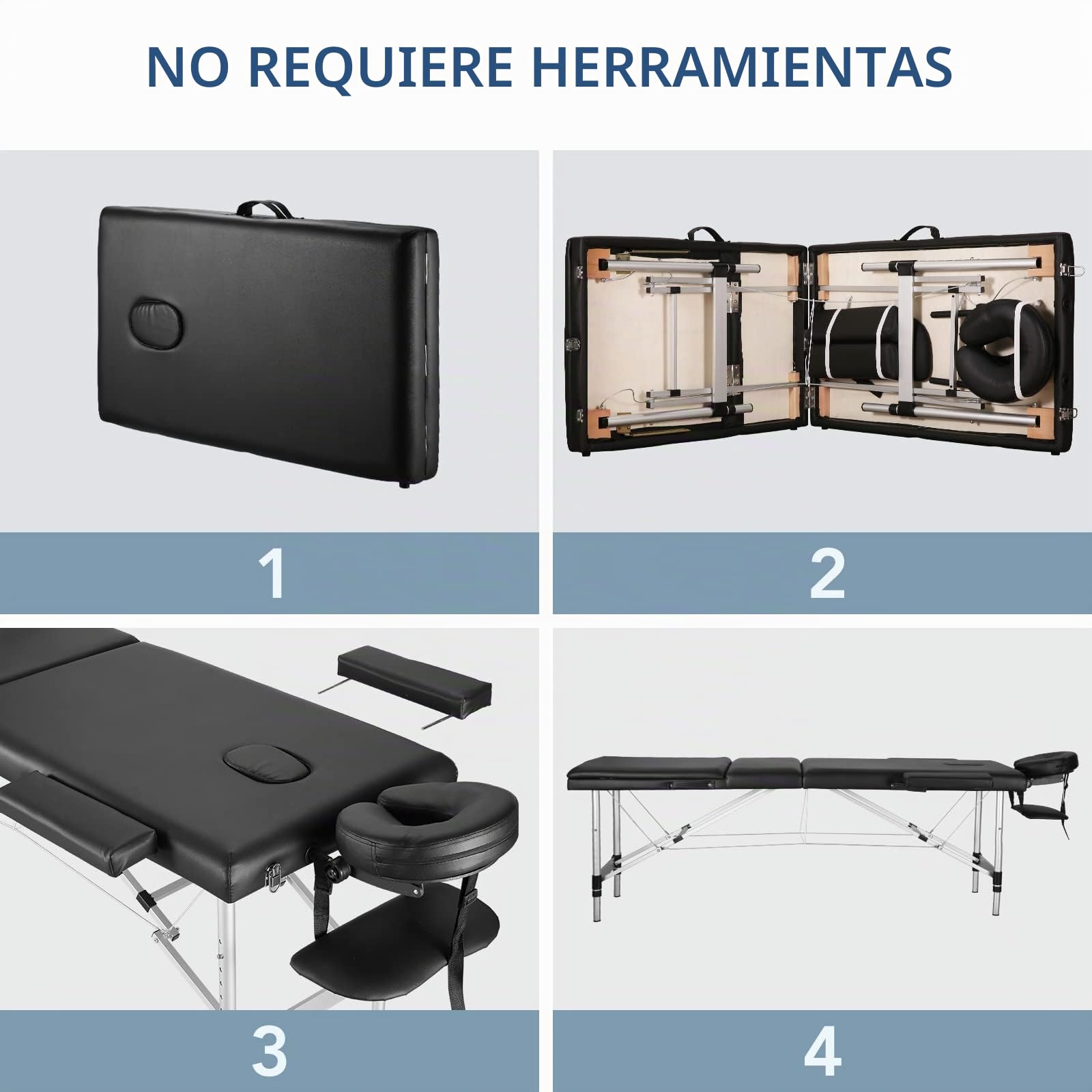 Camilla de Masaje Plegable Profesional para SPA Belleza Superficie de Cuero PVC y Espuma Gruesa de 5CM Altura Ajustable Accesorios Desmontables Patas de Aluminio Color Negro