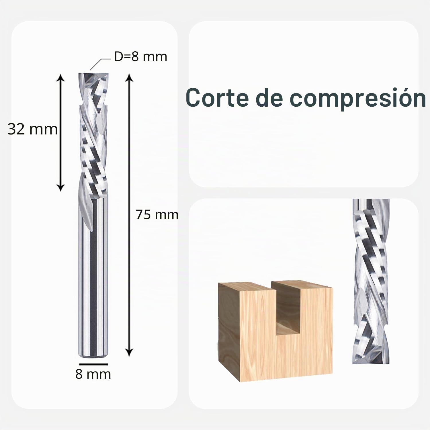 SpeTool Fresas para Madera 8mm Fresa de Ranurar Compresión Fresa Espiral HRC55 Longitud de Corte 32 mm CNC Fresa Helicoidal Brocas Enrutador Carburo Sólido Fresas de Corte para Cortar Madera