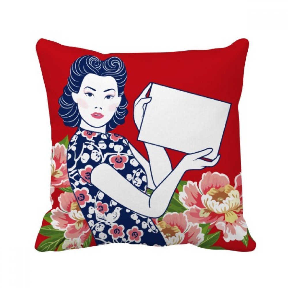 Coussin bleu culture chinoise femme motif décoratif multicolore carré 40x40cm pour oreiller canapé