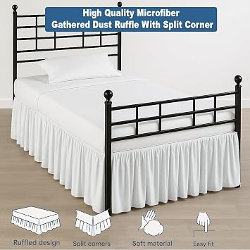 Ruffled Bed Skirt Split Corners with Platform, Tailored Fit Hotel Quality Wrinkle Free Ultra-Soft Microfiber Dust Ruffle, Upto 10 Inch Drop, Twin, White