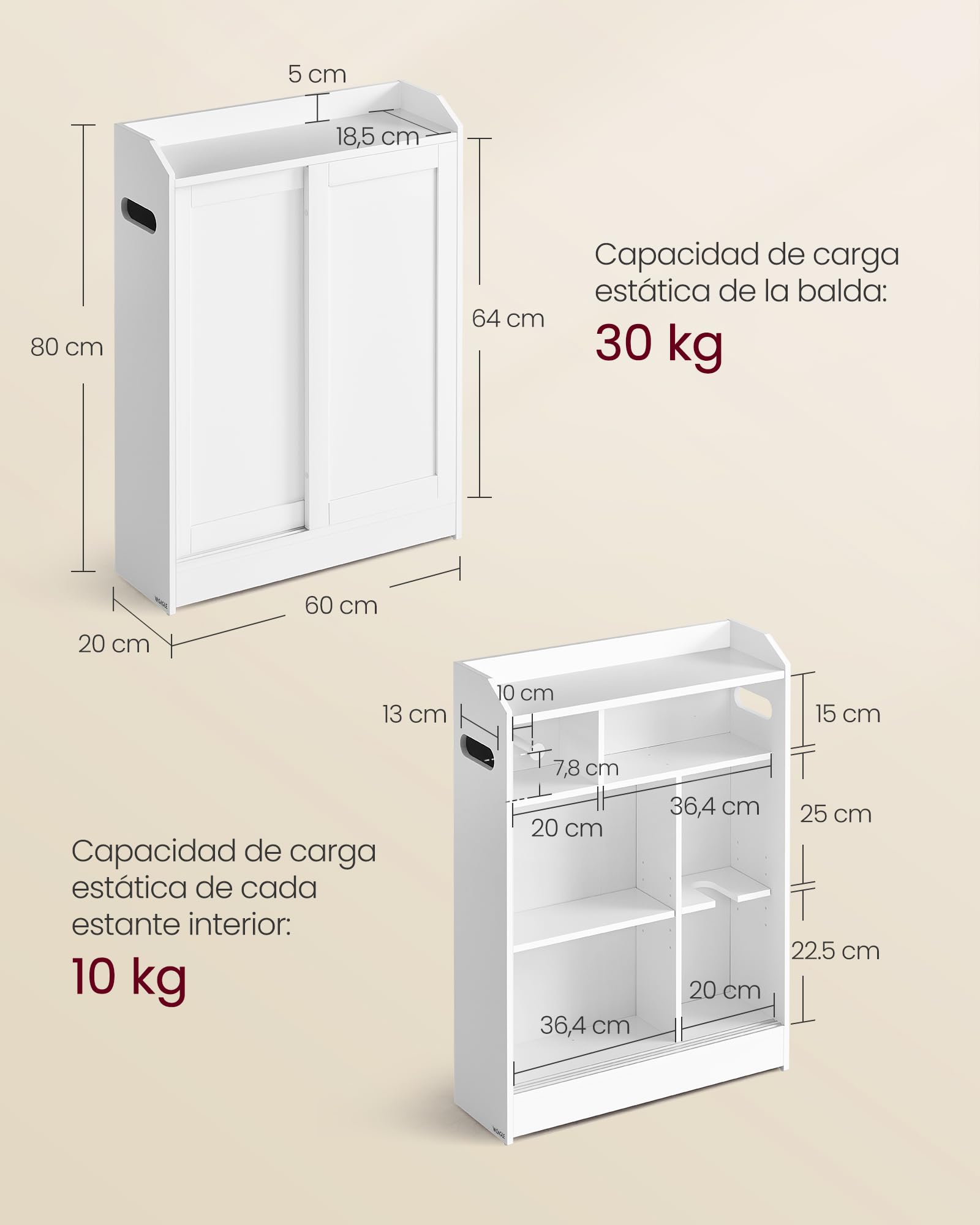 VASAGLE Armario de Baño, Ahorra Espacio, Compartimento Papel Higiénico y Escobilla, Puertas Correderas, Estantes Ajustables, Lado Inodoro, 20 x 60 x 80 cm, Blanco Nube BBC752W01