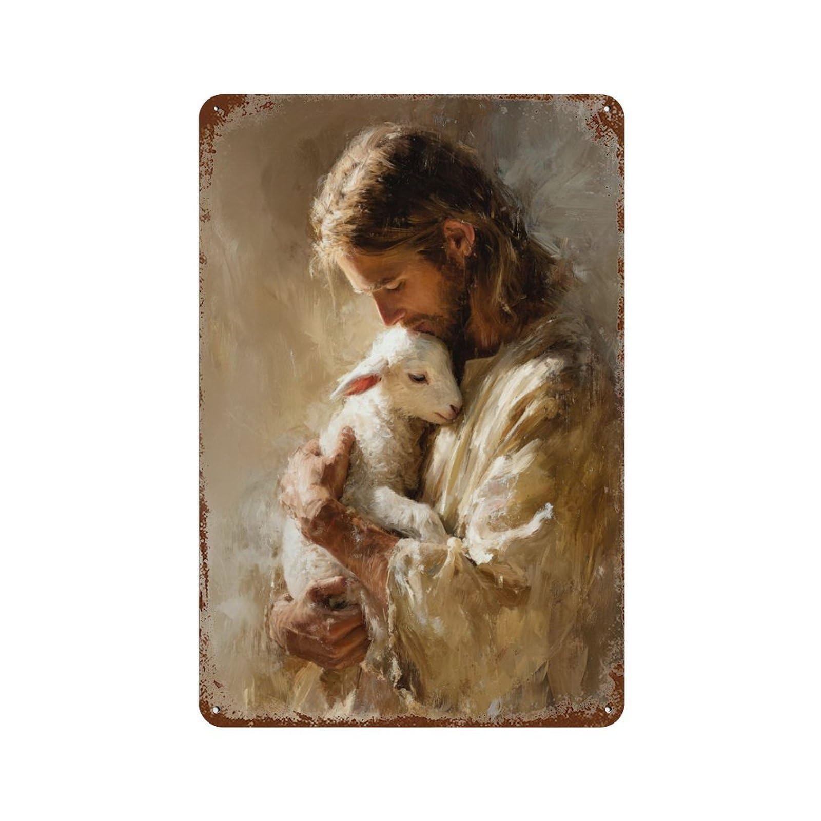 Jesus Holding Lamb Painting-4 Rust Effect Tin Sign 11.8"x7.9", Vintage Wall Decor for Pub, Kitchen And Man Cave Decor