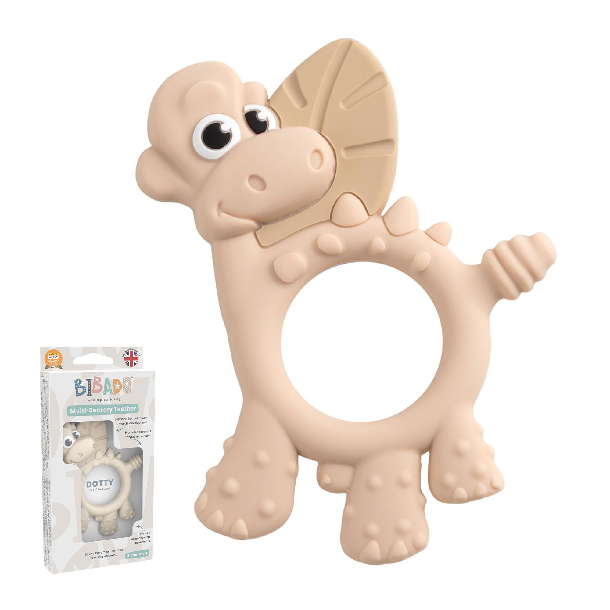 Bibado - Dotty the Dinosaur Teething Toys, Fawn - Multi-Sensory Teether - BPA Free Baby Toy - Strengthen Mouth Muscles & Learn Feeding - Dentist Approved - Baby Essentials & Baby Toys - 3 Months+