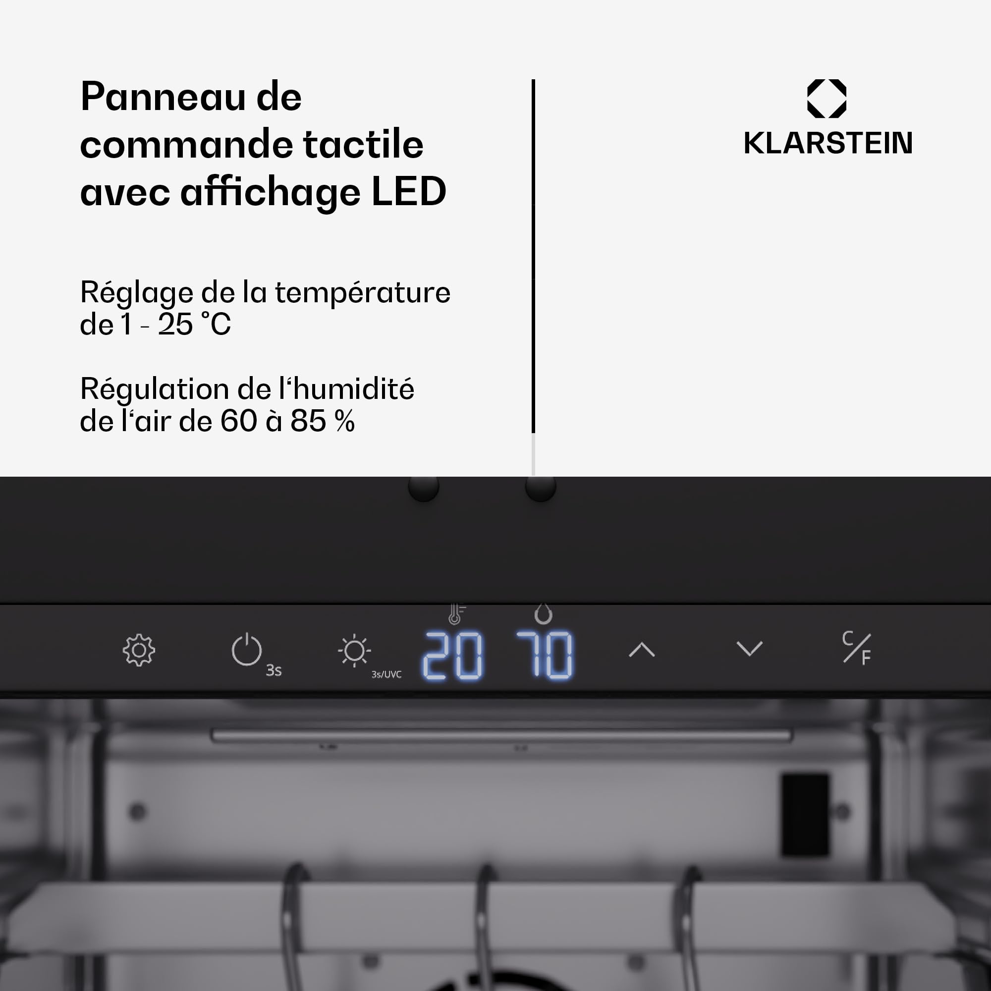 KLARSTEIN Cave de Maturation de Viande, 88L Frigo Vieillissement Viande avec Contrôle Température & Humidité, Éclairage UVC Antibactérien, Panneau Tactile, Porte Double Vitrage, Acier Inoxydable