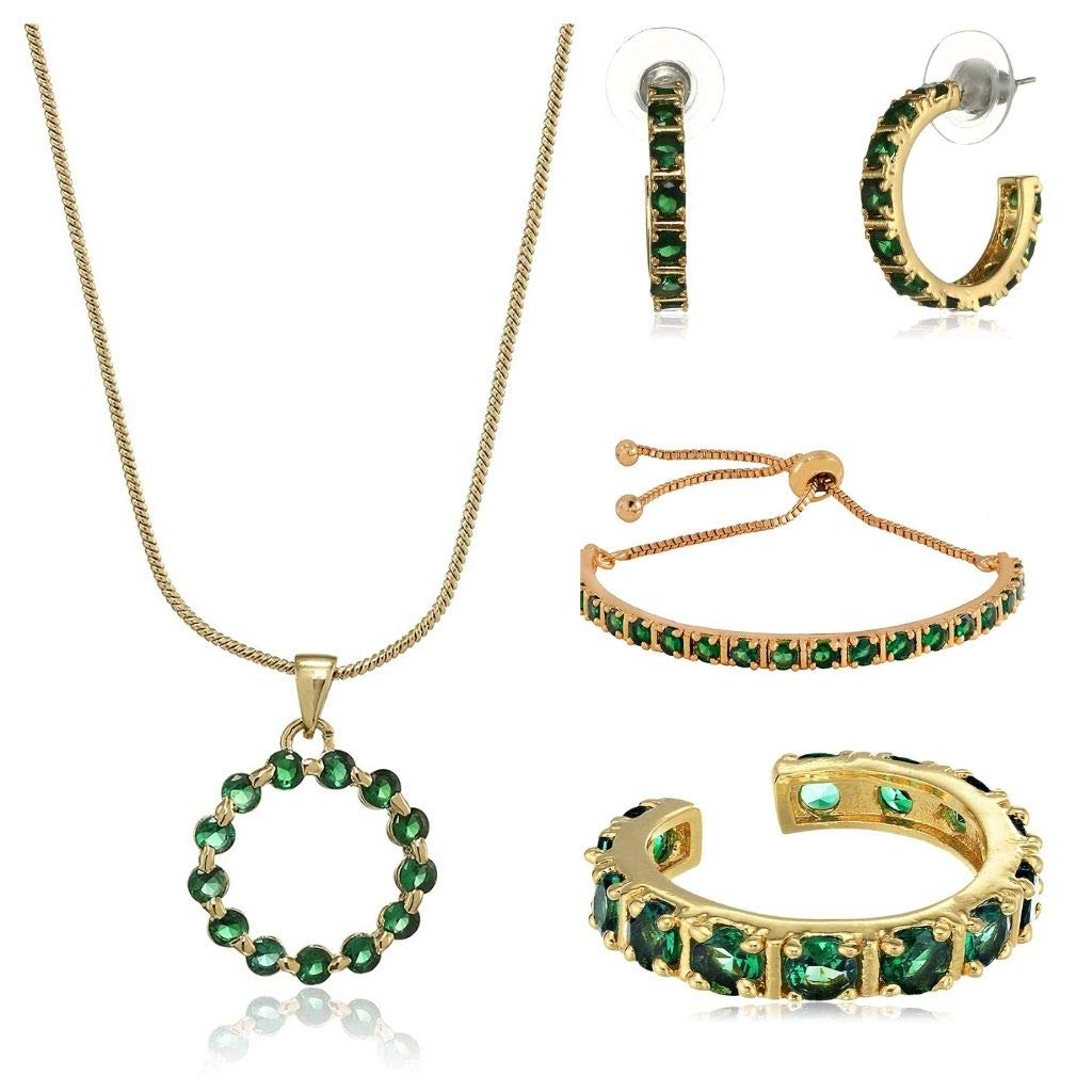 Estele Gold Plated Exquisite Emerald Crystal Pendant Ring Bracelet And Earrings Combo Set For Girls, One Size