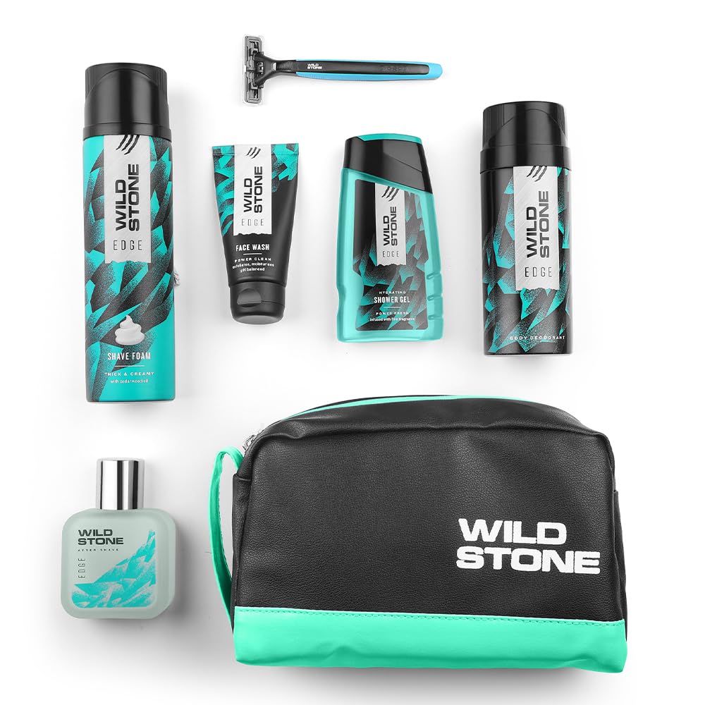 Wild Stone Edge Grooming Kit l Professional Shaving Kit for Men l Deodorant for Men l Shaving Cream l pH Balanced Face Wash l Shower Gel l Shave Foam & After Shave Lotion l Free Razor
