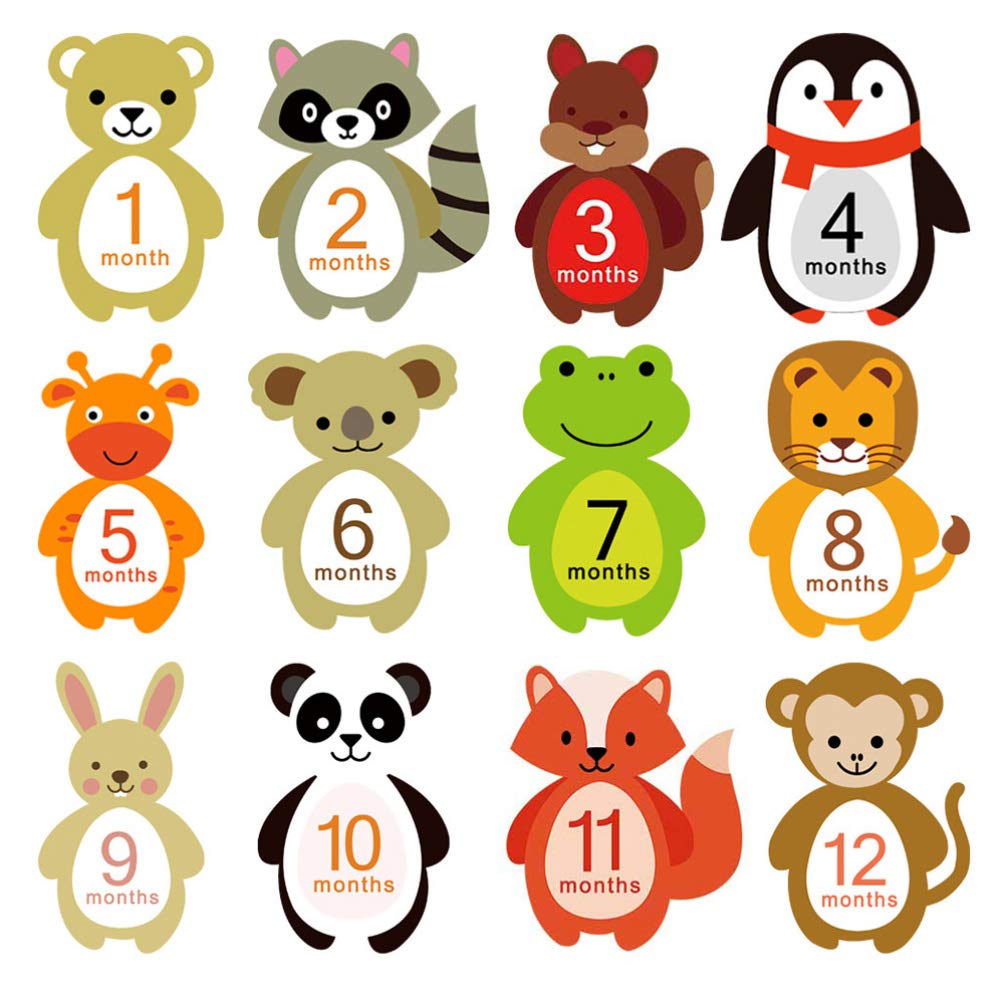 Pretyzoom 12 Sheets Baby Monthly Stickers Self Adhesive Cartoon Animal Milestone Belly Decal Scrapbook Photo Sticker Shower Registry For Infant
