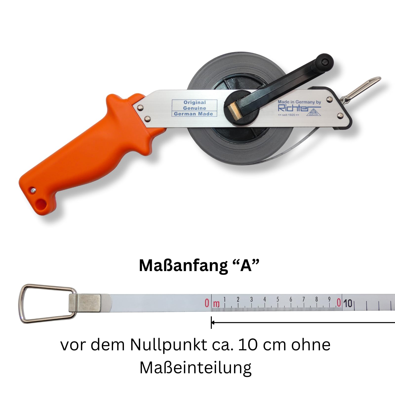 Richter Stahlbandmaß Bandmaß 13mm breit mit Leichtmetallrahmen - Länge: 100m - Maßanfang "A" - weiß lackiert mit cm-Teilung - Stahlbandmaß 412W-SR100-A, im Set inkl. 1 St. DEWEPRO® Zollstock 2m