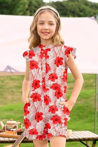 Besserbay Kid Girl's Fashion Red Floral Print Ruffle Sleeveless Elastic Waist Button Down Romper Jumpsuit 9-10 Years #TOP2