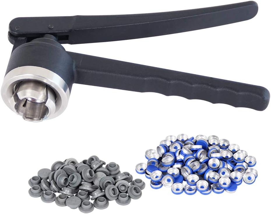 20mm FLIP-Off Vial Seal Sealing Crimper + 100 Pcs Caps + 100 Pcs Rubber Stoppers