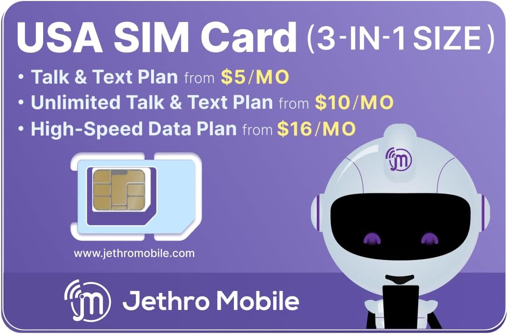 Jethro Mobile USA Carte SIM de voyage, prépayée, forfait, connexion réseau sans contrat, pour l
