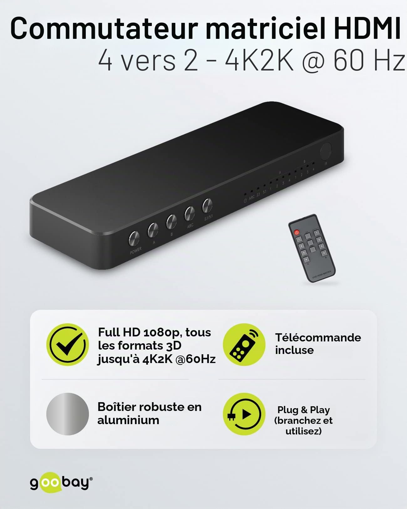 goobay Commutateur matriciel HDMI 58479 4 vers 2, répartiteur matriciel 4k à 60 Hz/avec télécommande pour lecteur Blu Ray, Xbox, PS5 et TV/Interrupteur 4 entrées et 2 sorties,Schwarz