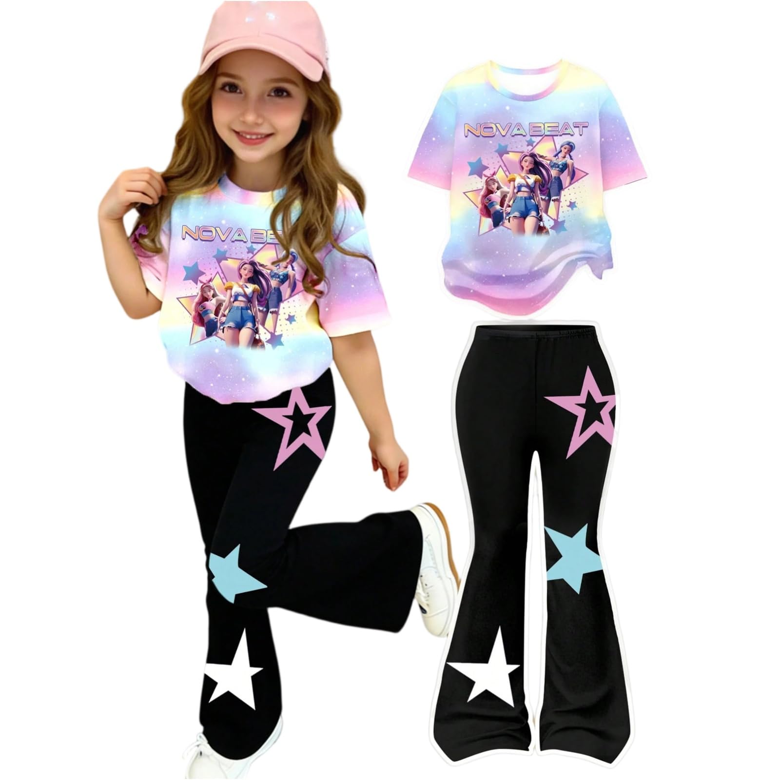 Girls 2 Piece Outfits Cute Singer Cartoon Short Sleeve Tops and Pants Trendy Movie Star Tracksuit Casual Clothings