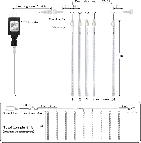 Miniatura 2 de Luces de Navidad para exteriores, 24 tubos 864 luces LED de lluvia de meteoritos de 12 pulgadas, luz de carámbano impermeable para decoración de