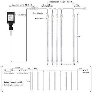 ZROPAW Christmas Lights Outdoor,24 Tubes 864 LED Meteor Shower Lights 12Inch, Waterproof Icicle Light Outdoor Christmas Decorations for Xmas Tree Yard Party, UL Plug, Blue
