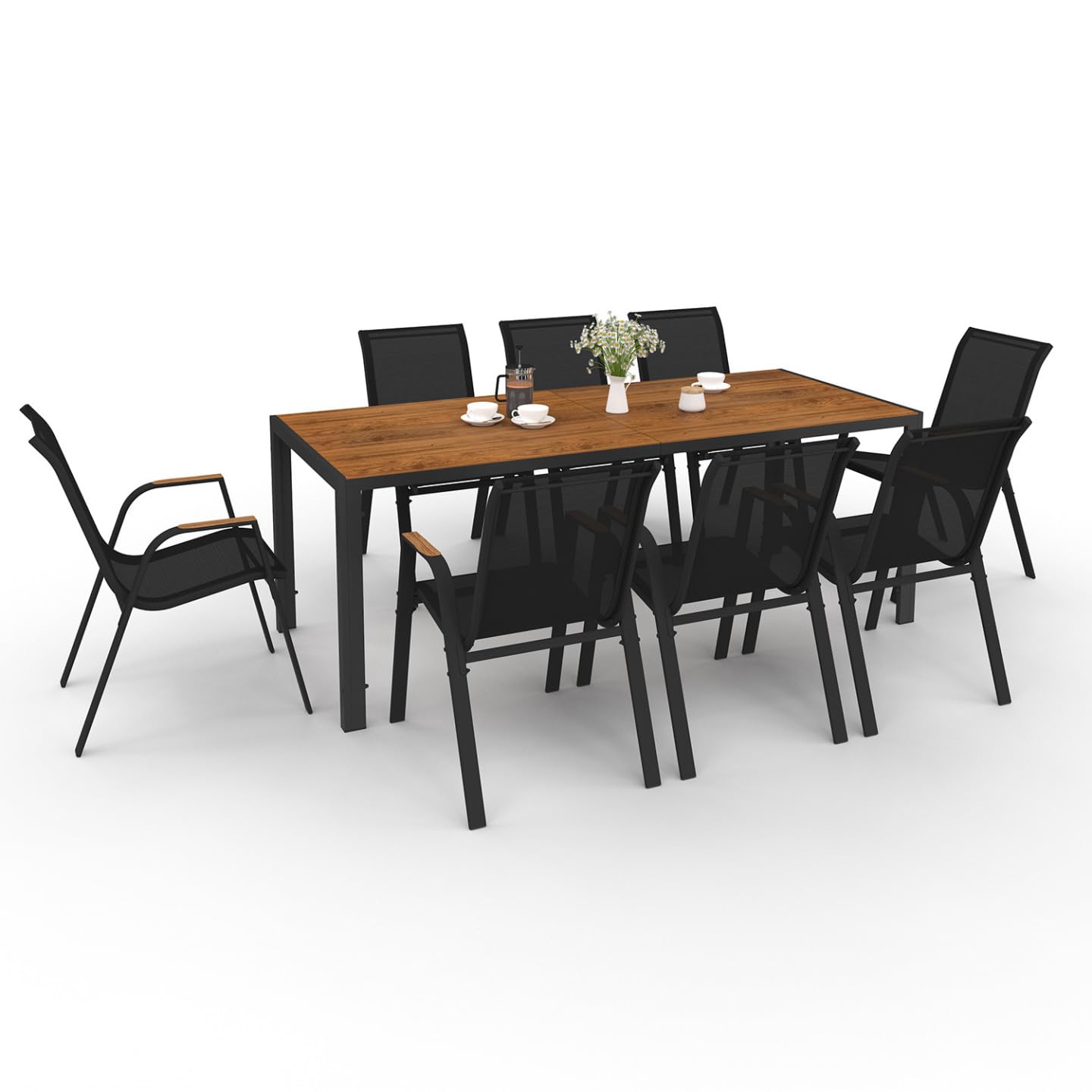 IDMarket - Salon de Jardin NOUMEA Table 190 cm Plateau Verre trempé Effet Bois et 8 chaises empilables Noir et Bois