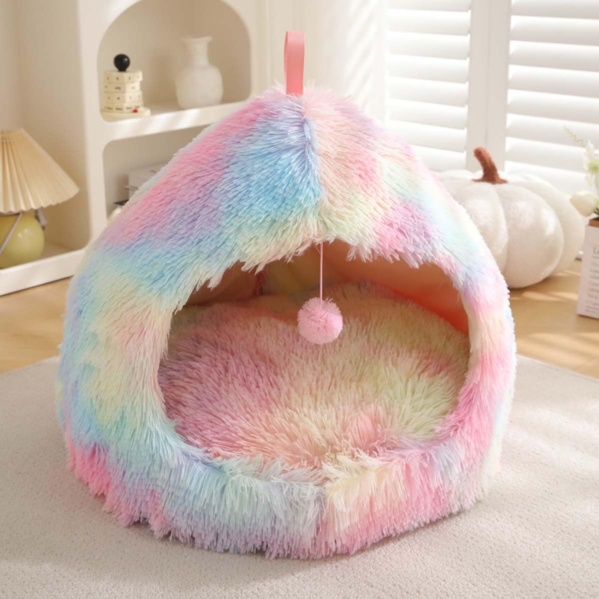 Cat Bed Igloo Cave for Cats Dogs, 2-in-1 Triangle Indoor Pet Tent Fluffy Plush Calming Dog Bed, Cat Nest House with Handle Washable Removable Pillow Cushion (S:45x45x38cm,Rainbow)