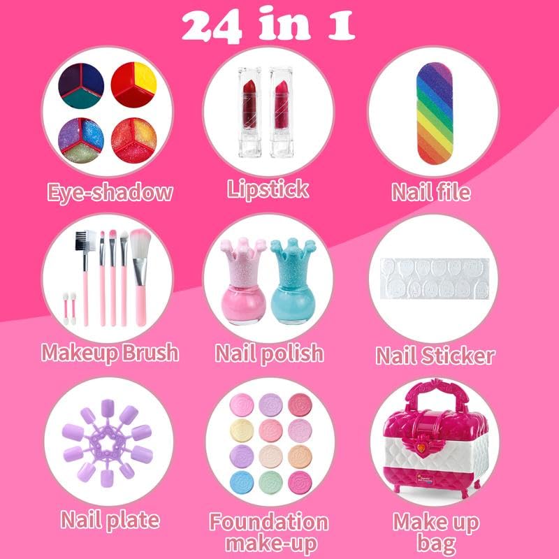 Makeup Kit for Girl, Princess Toys Real Washable Cosmetic Set with Mirror,