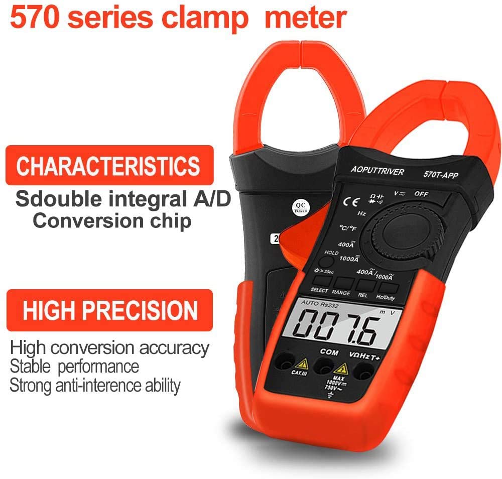 Digitale Pinza Amperometrica, AP-570T-APP Amperometrica Bluetooth Multimetro con Spegnimento Automatico per AC&DC Amperaggio Corrente Tensione Resistenza Temperatura con Continuità Retroilluminata