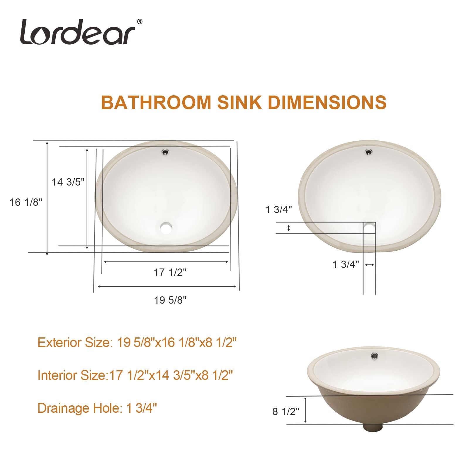 Lordear Fregadero de baño empotrado de 19 x 16 pulgadas (tamaño del cuenco interior: 17.4 x 14.1 pulgadas), lavabo redondo de porcelana blanca de cerámica para baño debajo del mostrador lavabo con