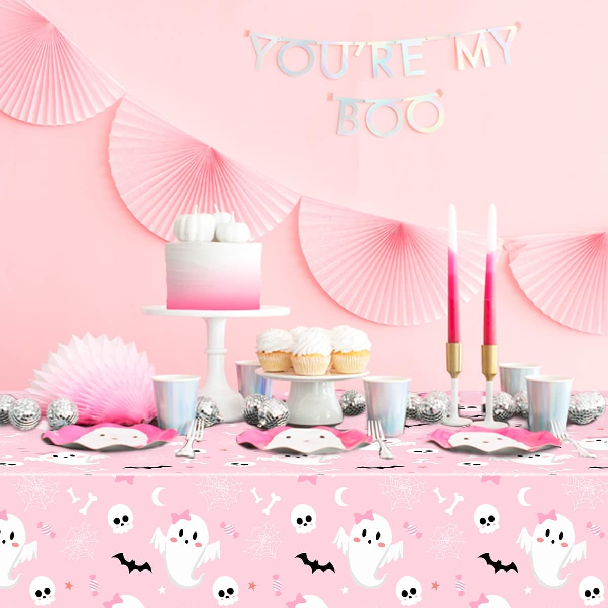 3PCS Halloween Tablecloth 8.95 * 4.26ft Pink Halloween Tablecloth Water-Resistant A Little Boo is Almost Due Tablecover Ghost Bat Rectangular Skulls Spider Web Table-Cloth for Dinner Party Decoration