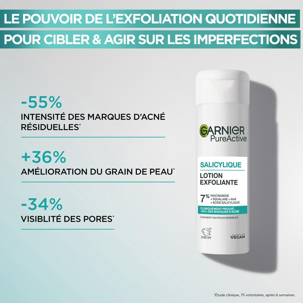 GARNIER Pure Active - Soin Exfoliant Visage - Réduit Les Marques D'acné & Les Pores - Niacinamide, AHA & Acide Salicylique - Formule Liquide Légère - Vegan & Cruelty Free - Unisexe - 120 ml