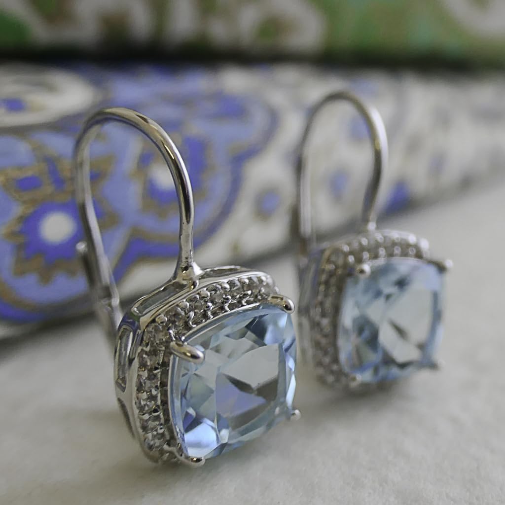 Blautopas Ohrhanger 925 Sterling Silber (Silber) | Kissenschliff Edelstein mit Zirkonia Halo - Handverlesener Naturstein - Geschenkidee fur Frauen - Designed in Norwegen